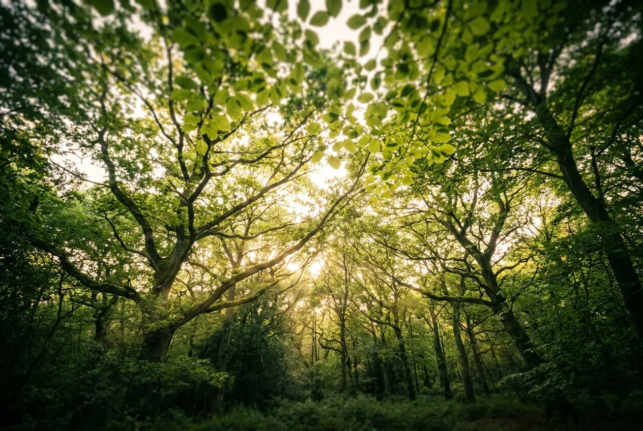 Looking up into a green tree canopy